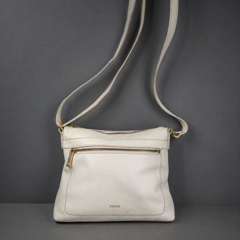 Fossil White Pebbled Leather Crossbody Handbag 8x11x2 Gold Hardware